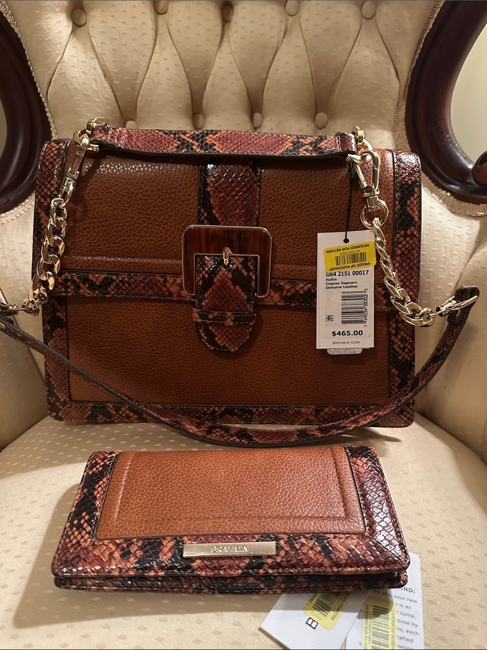 Brahmin Brown Pebbled Leather Shoulder Bag with Snake-Print Trim